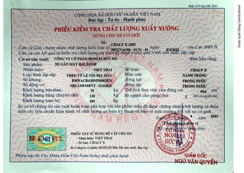 Giấy tờ đăng kiểm của xe Chaly 50cc Việt Thái
