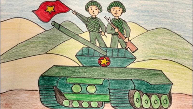 Hình ảnh minh họa các chiến sĩ quân đội đứng cạnh xe tăng