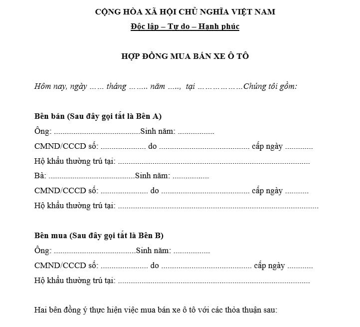 Hình ảnh minh họa một bản hợp đồng mua bán xe ô tô, có thể dùng tham khảo cho xe máy.