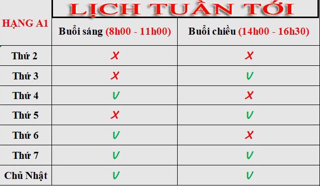 Lịch thi bằng lái xe A1