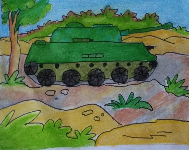 Bản phác thảo xe tăng bằng màu sáp cơ bản