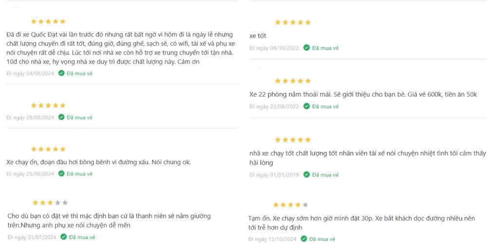 Bảng giá vé chi tiết cho các tuyến đường của nhà xe Quốc Đạt