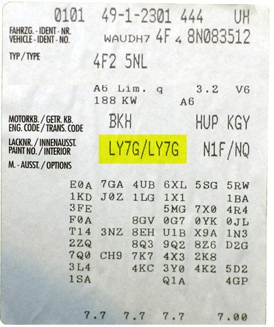 Bảng ví dụ về các mã màu sơn phổ biến của các hãng xe