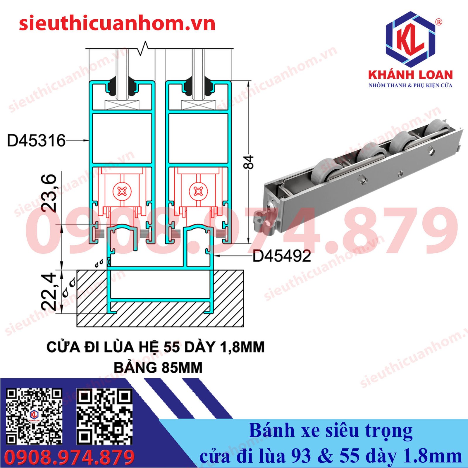 Bánh xe bốn bánh xe được lắp đặt chắc chắn vào thanh nhôm