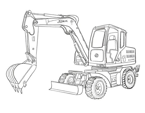 Bé đang chăm chú tô màu một chiếc xe máy xúc với nhiều chi tiết khác nhau