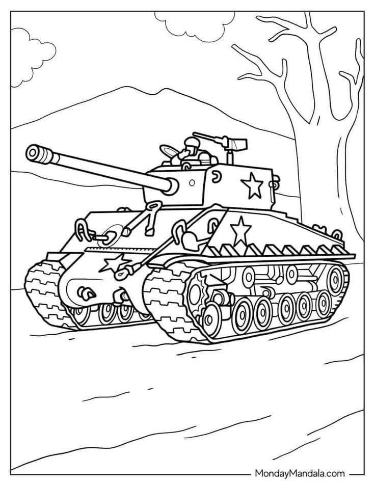 Bé đang chăm chú tô màu một chiếc xe tăng đơn giản