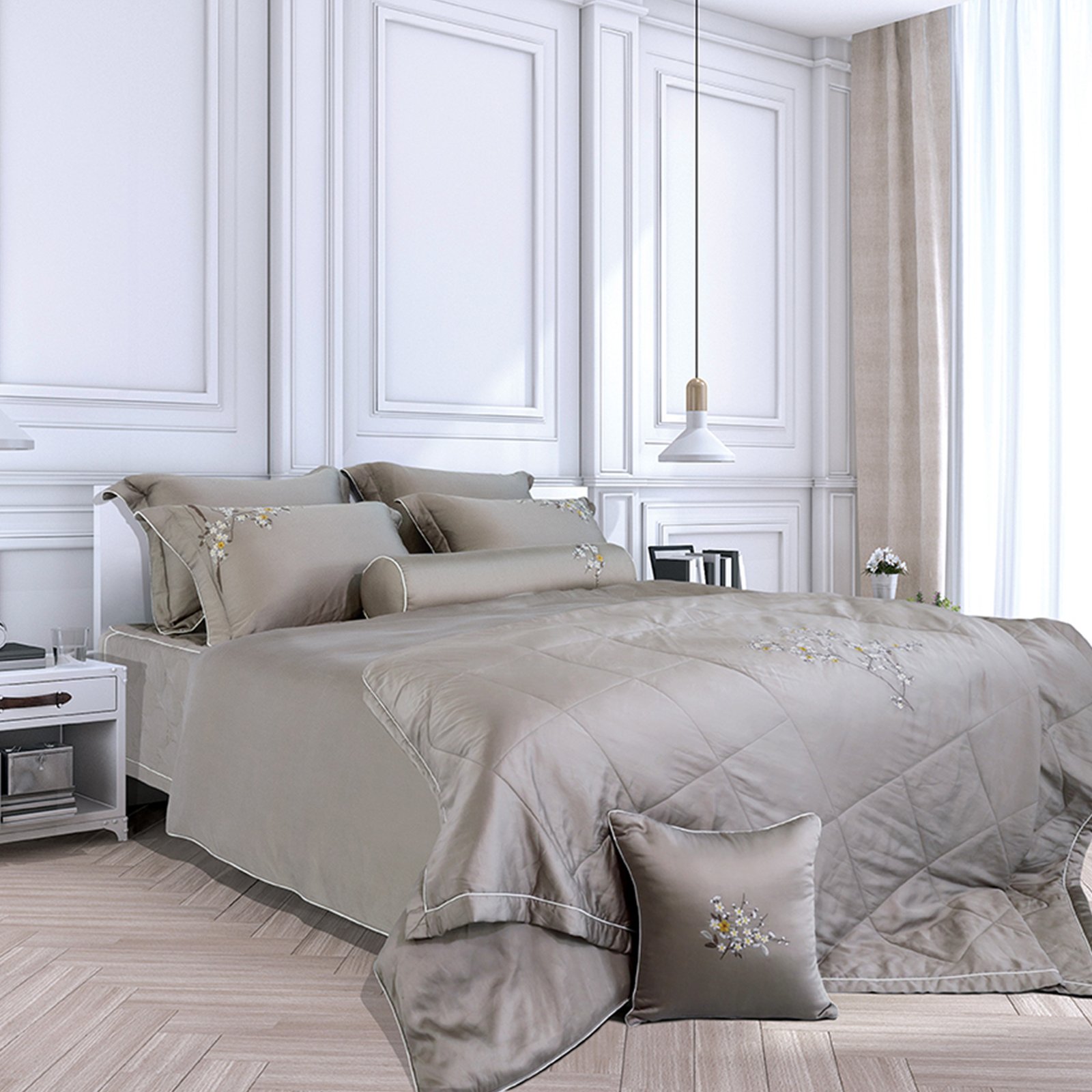 Bộ chăn ga gối màu xám với họa tiết tinh tế