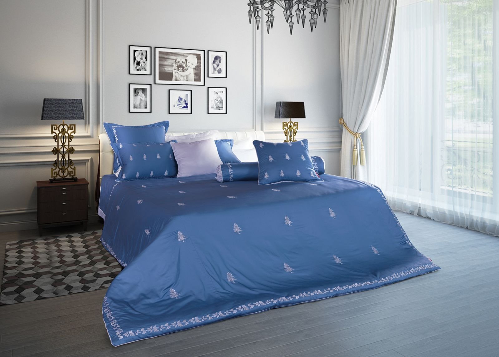 Bộ chăn ga gối màu xanh dương với họa tiết trang nhã