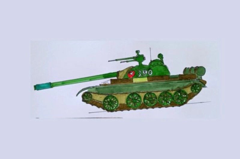 Bức vẽ minh họa một chiếc xe tăng trên nền kiến trúc của Dinh Độc Lập thể hiện sự giao thoa giữa quân sự và kiến trúc