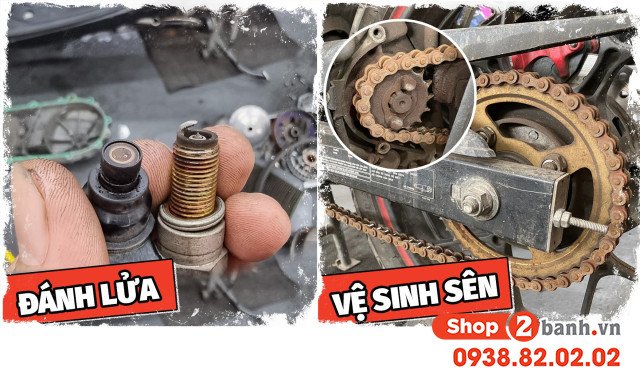 Bugi đánh lửa xuống cấp. Nhông sên dĩa lâu ngày không được vệ sinh, bảo dưỡng