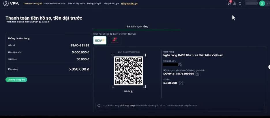 Các bước thanh toán phí tham gia đấu giá biển số xe