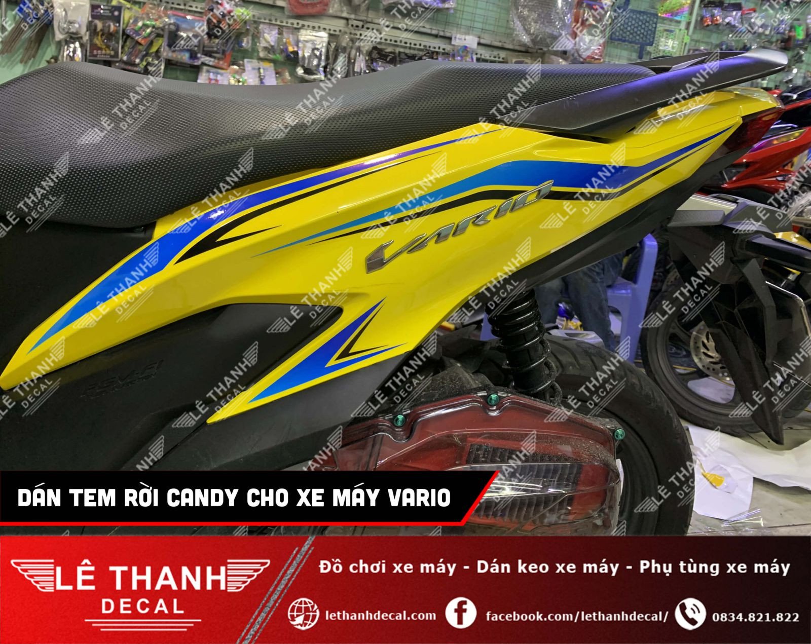 Các chi tiết tem rời được sắp xếp hài hòa trên thân xe máy