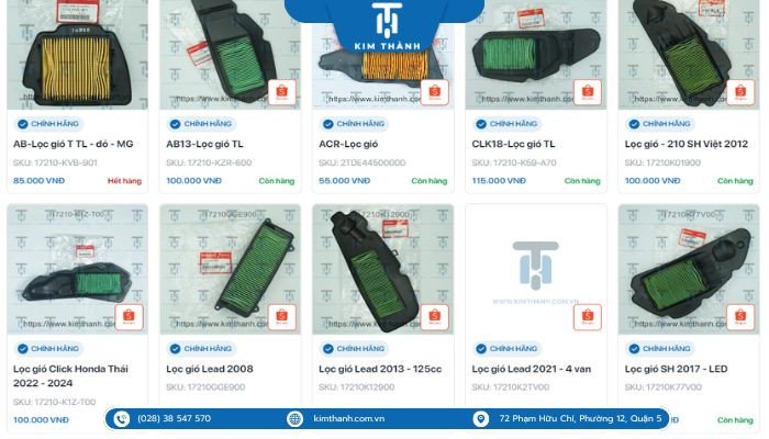 Các mẫu lọc gió khác nhau dành cho nhiều dòng xe Honda