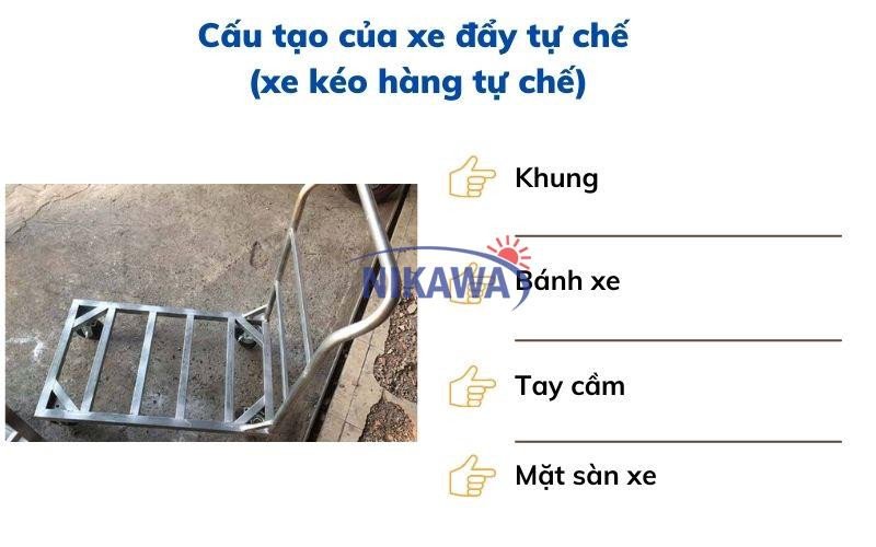 Cấu tạo cơ bản của xe đẩy hàng tự chế với khung thép và bốn bánh xe