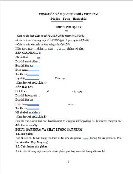 Cấu trúc cơ bản của hợp đồng đại lý