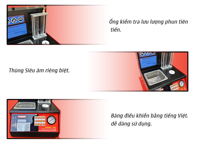 Chi tiết các bộ phận và phụ kiện đi kèm của một bộ máy làm sạch kim phun