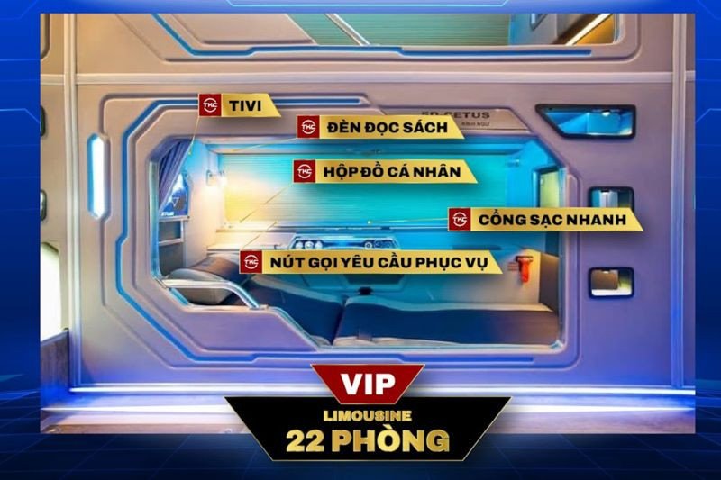 Chi tiết nội thất cabin với màn hình giải trí và các tiện ích cá nhân