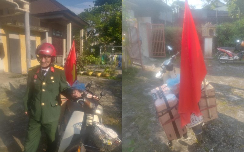Chiếc xe máy cũ kỹ chở đầy hành trang của cụ ông trong chuyến đi lịch sử