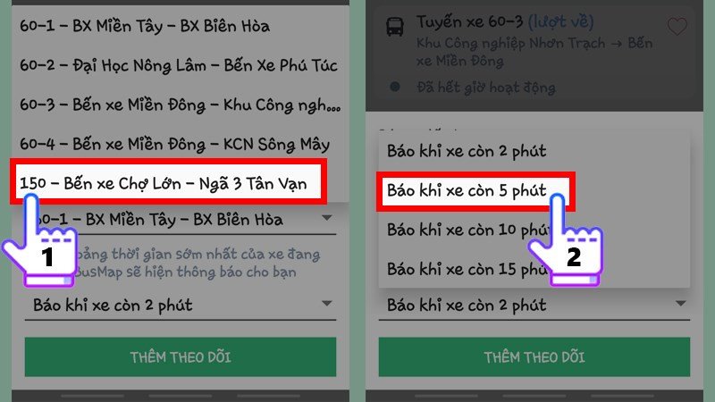 Chọn tuyến xe và thời gian thông báo