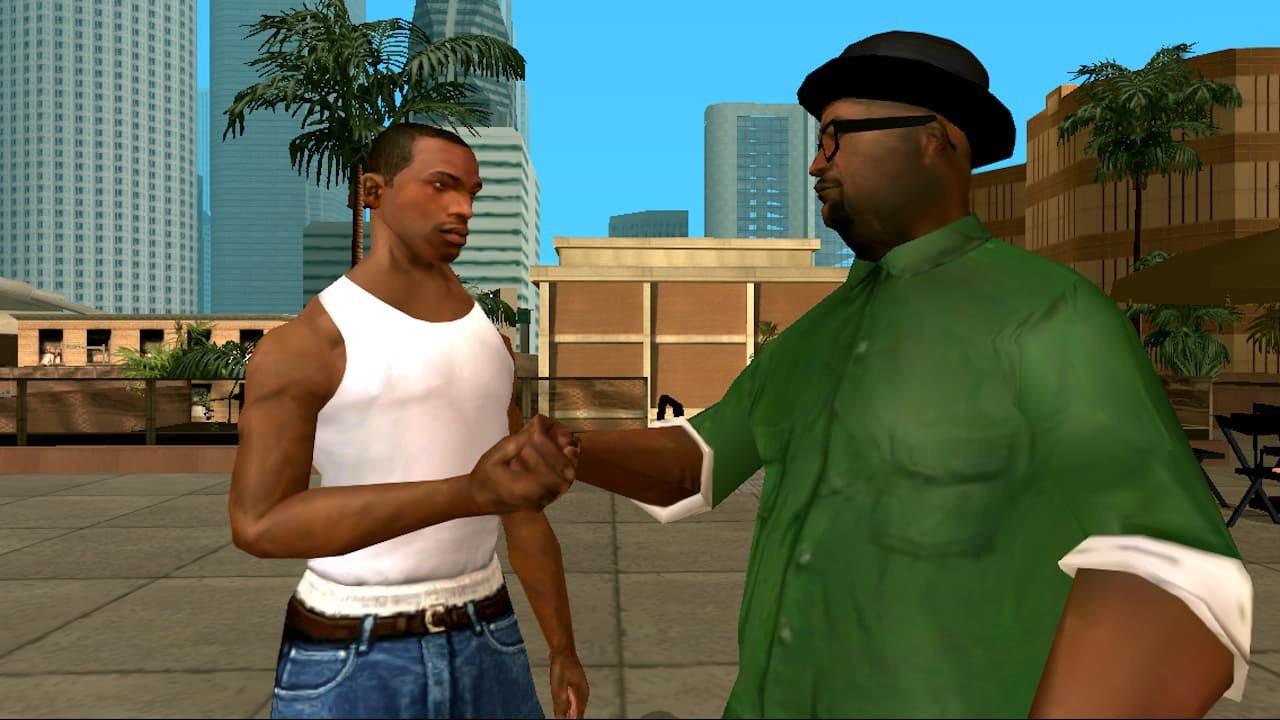 CJ đang lái một chiếc xe phân khối lớn trên đường phố San Andreas