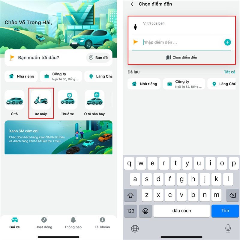 Giao diện chọn loại hình dịch vụ và nhập địa chỉ trên ứng dụng di động