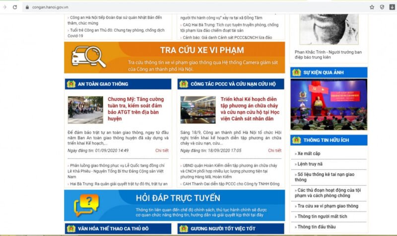 Giao diện Cổng thông tin điện tử Công an thành phố Hà Nội