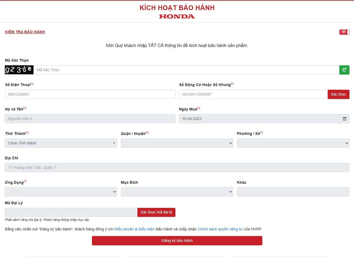 Giao diện đăng ký bảo hành điện tử trên website Honda