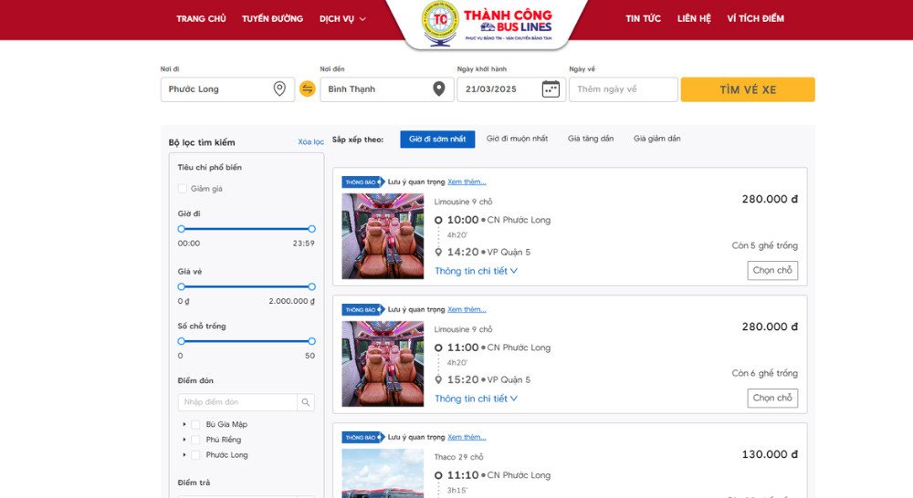 Giao diện đặt vé trực tuyến trên trang web chính thức của nhà xe