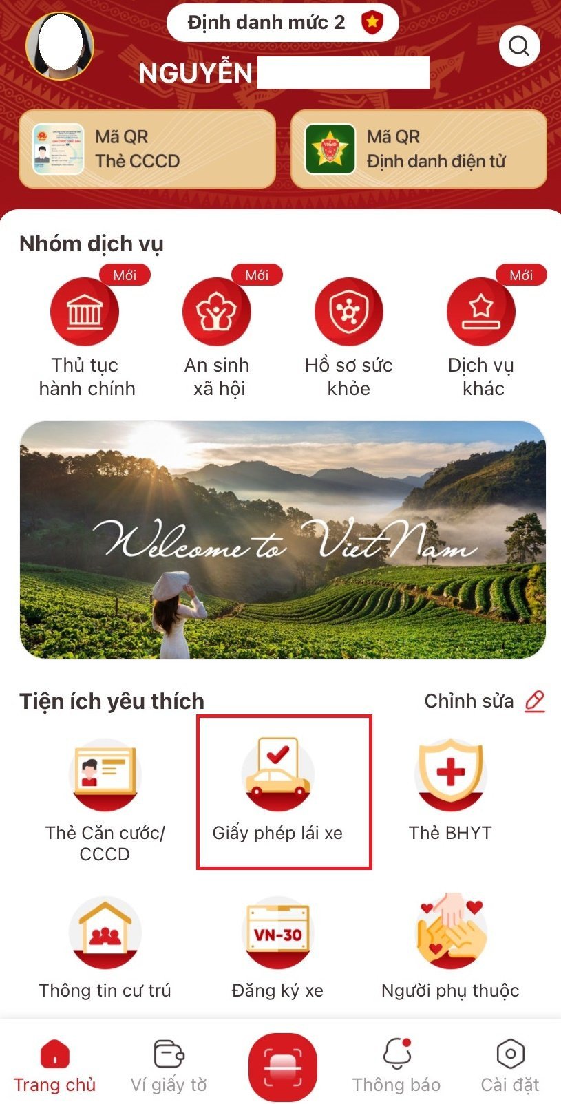 Giao diện hiển thị thông tin giấy phép lái xe đã được tích hợp trong ứng dụng