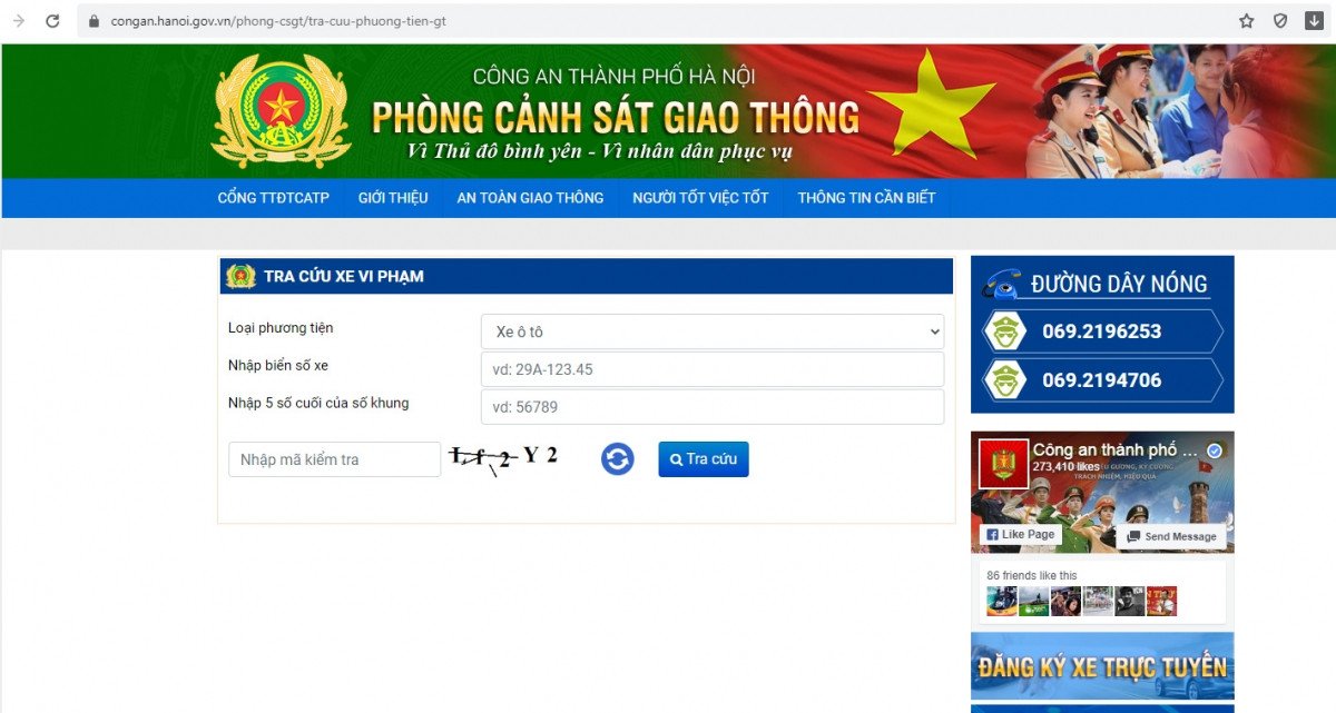 Giao diện mục Tra cứu xe vi phạm giao thông trên Cổng thông tin điện tử Công an thành phố Hà Nội