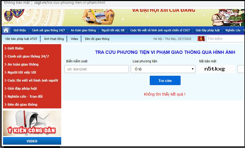 Giao diện tra cứu vi phạm trên website chính thức của cơ quan chức năng