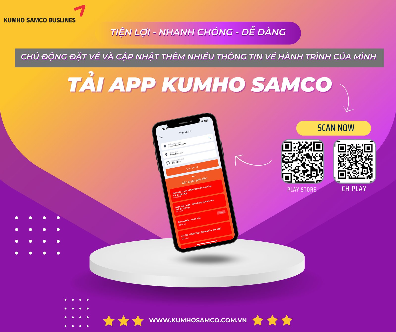 Giao diện ứng dụng đặt vé xe khách Kumho trên điện thoại thông minh