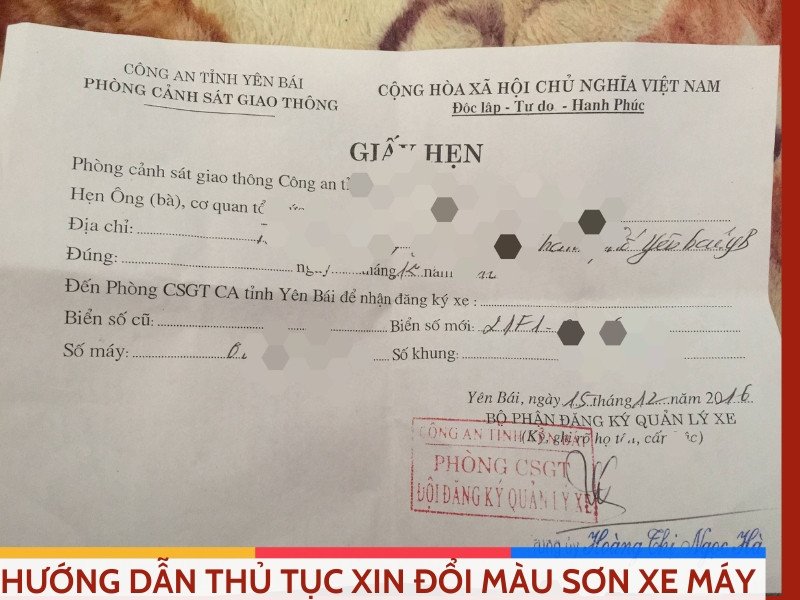 Giấy hẹn trả kết quả sau khi nộp hồ sơ đăng ký thay đổi thông tin xe