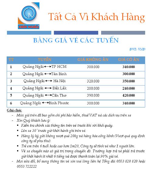 Hình ảnh bảng giá vé xe của hãng xe