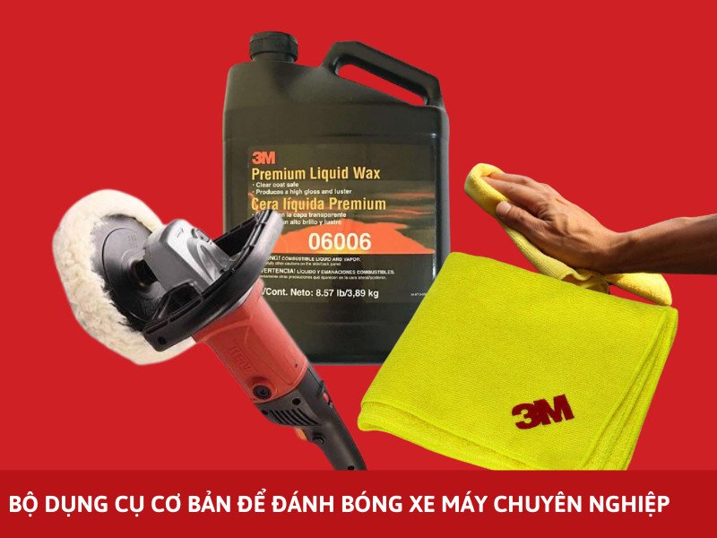 Hình ảnh bộ dụng cụ đánh bóng xe máy chuyên nghiệp với máy móc và hóa chất đa dạng