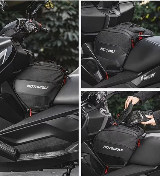 Hình ảnh các góc độ khác nhau của túi gắn baga giữa, minh họa chi tiết khóa và chất liệu