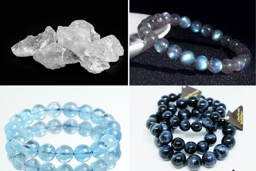 Hình ảnh các loại đá phong thủy hợp mệnh Kim như Thạch Anh Trắng, Đá Mặt Trăng