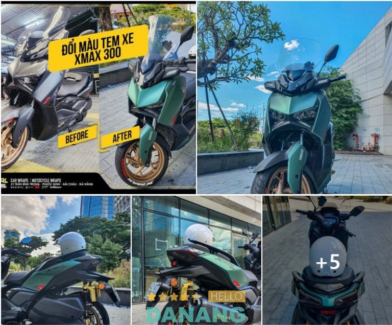 Hình ảnh cận cảnh kỹ thuật viên đang tỉ mỉ dán decal đổi màu xe máy