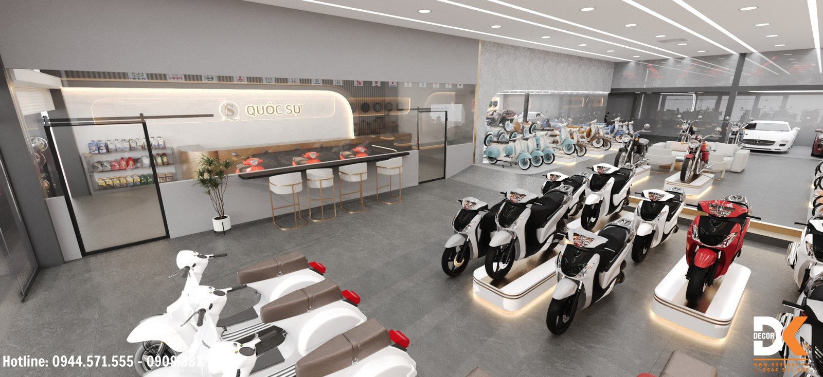 Hình ảnh chi tiết nội thất sử dụng các vật liệu hiện đại trong không gian trưng bày xe