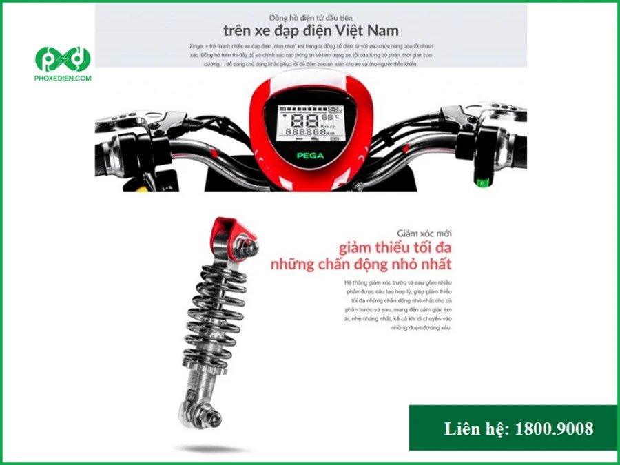 Hình ảnh chi tiết về hệ thống giảm xóc và đồng hồ hiển thị trên xe điện Pega