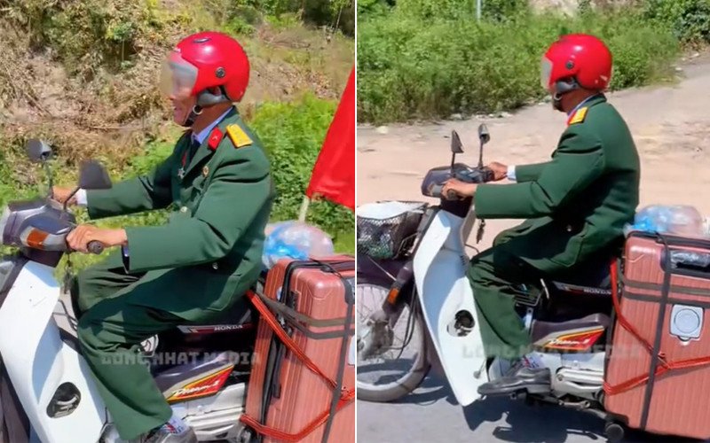 Hình ảnh cụ ông nghỉ ngơi bên chiếc xe máy của mình trên đường đi