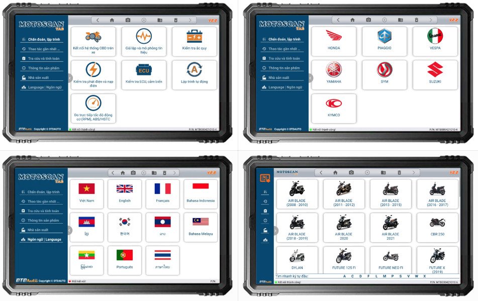 Hình ảnh giao diện phần mềm của máy đọc lỗi xe máy motoscan