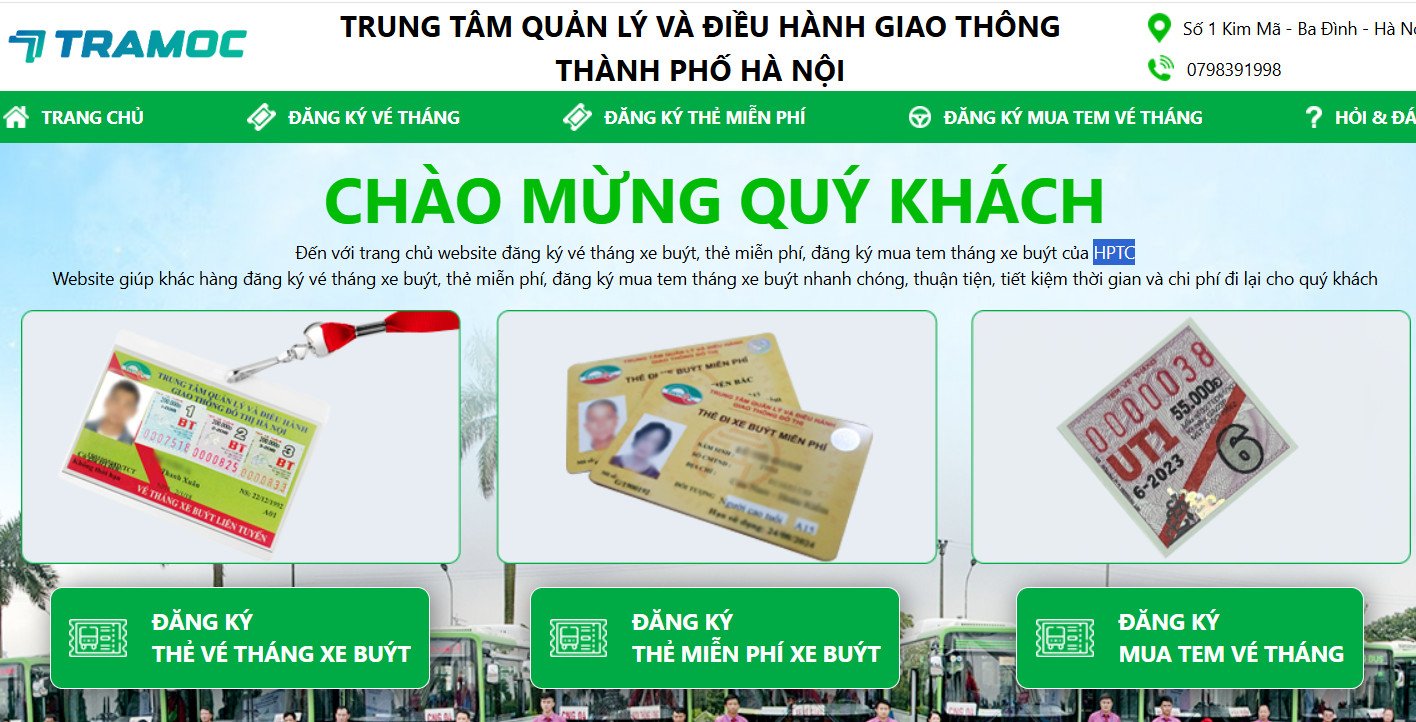 Hình ảnh hướng dẫn chọn mục đăng ký thẻ xe buýt miễn phí trên giao diện trực tuyến