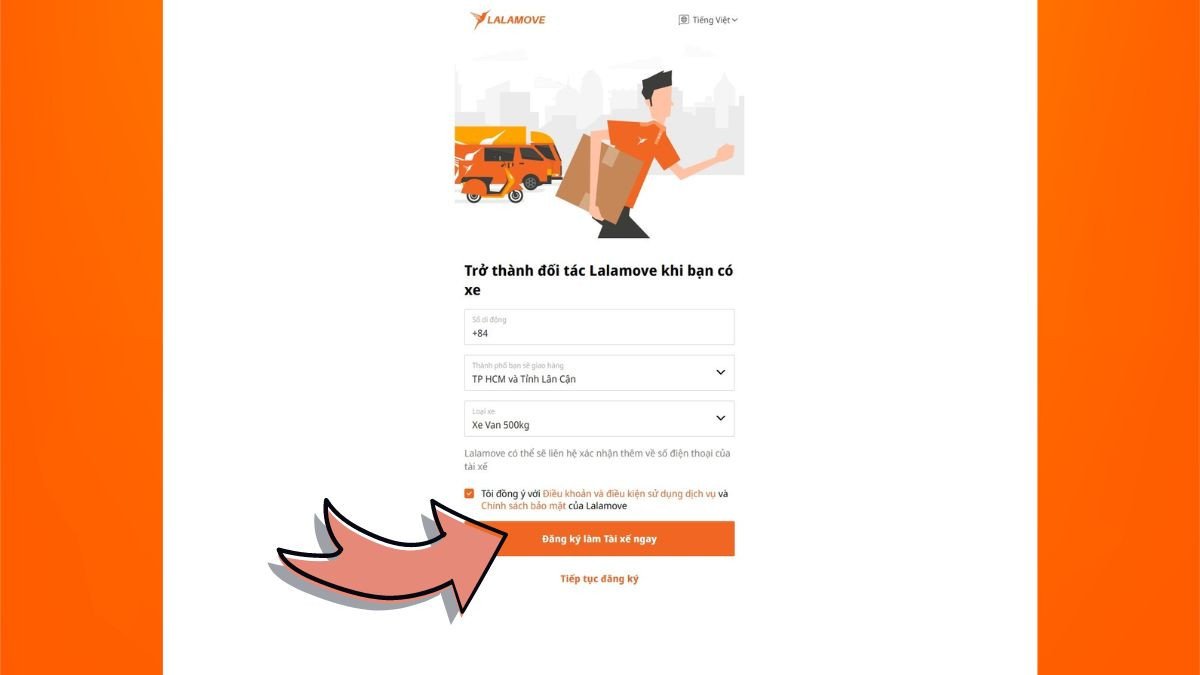 Hình ảnh hướng dẫn điền thông tin ban đầu trên giao diện đăng ký tài xế