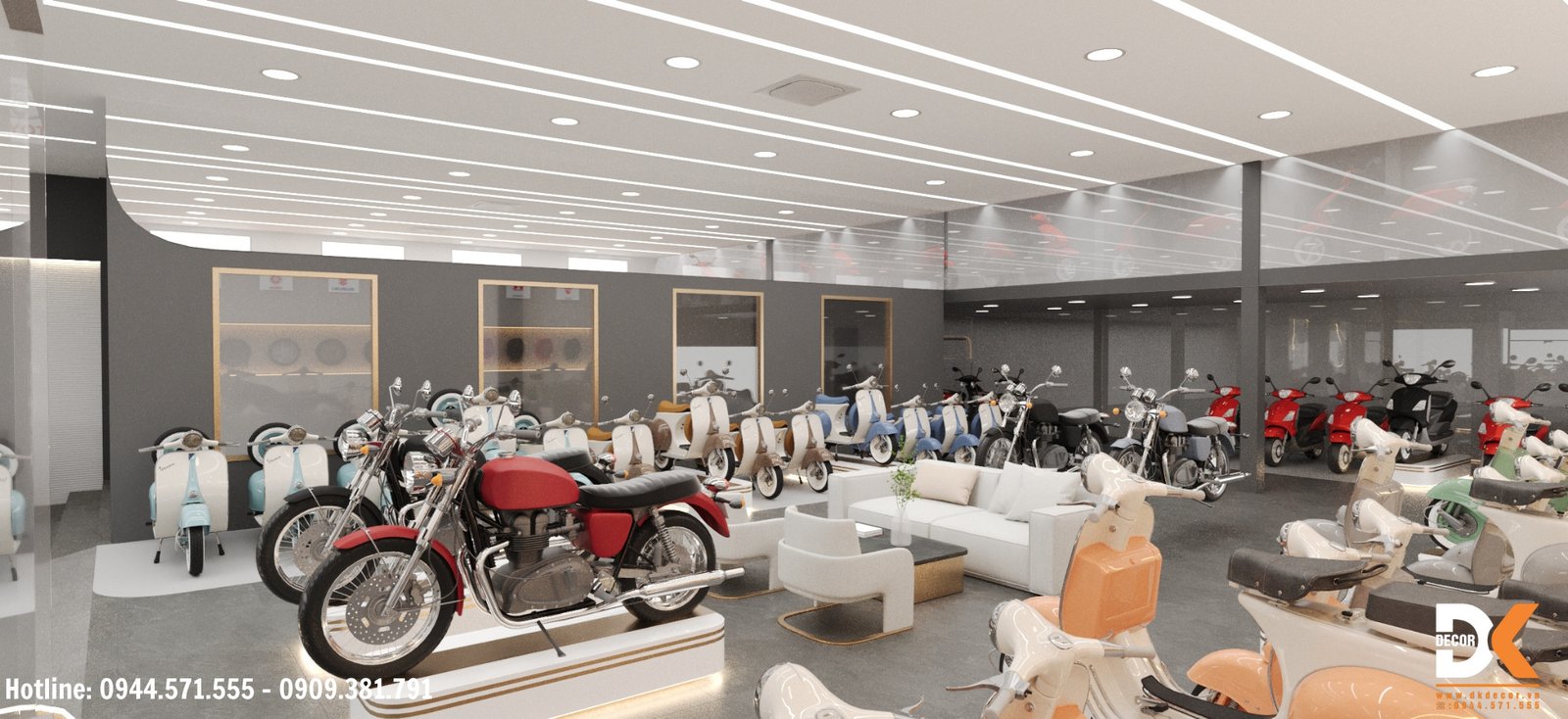 Hình ảnh khu vực bàn ghế tư vấn thoải mái bên trong một showroom