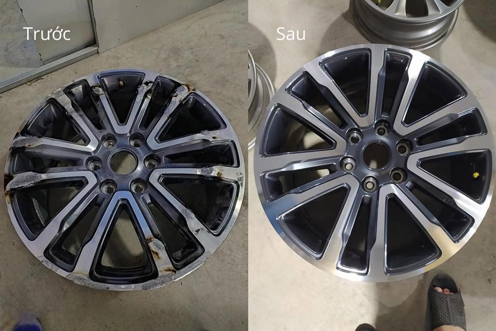 Hình ảnh máy móc chuyên dụng đang thực hiện quá trình phục hồi vành xe