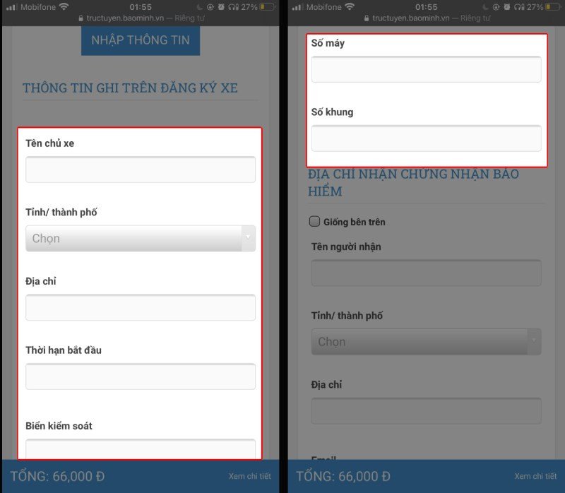 Hình ảnh minh họa các bước nhập thông tin chi tiết trên biểu mẫu đăng ký bảo hiểm xe máy trực tuyến