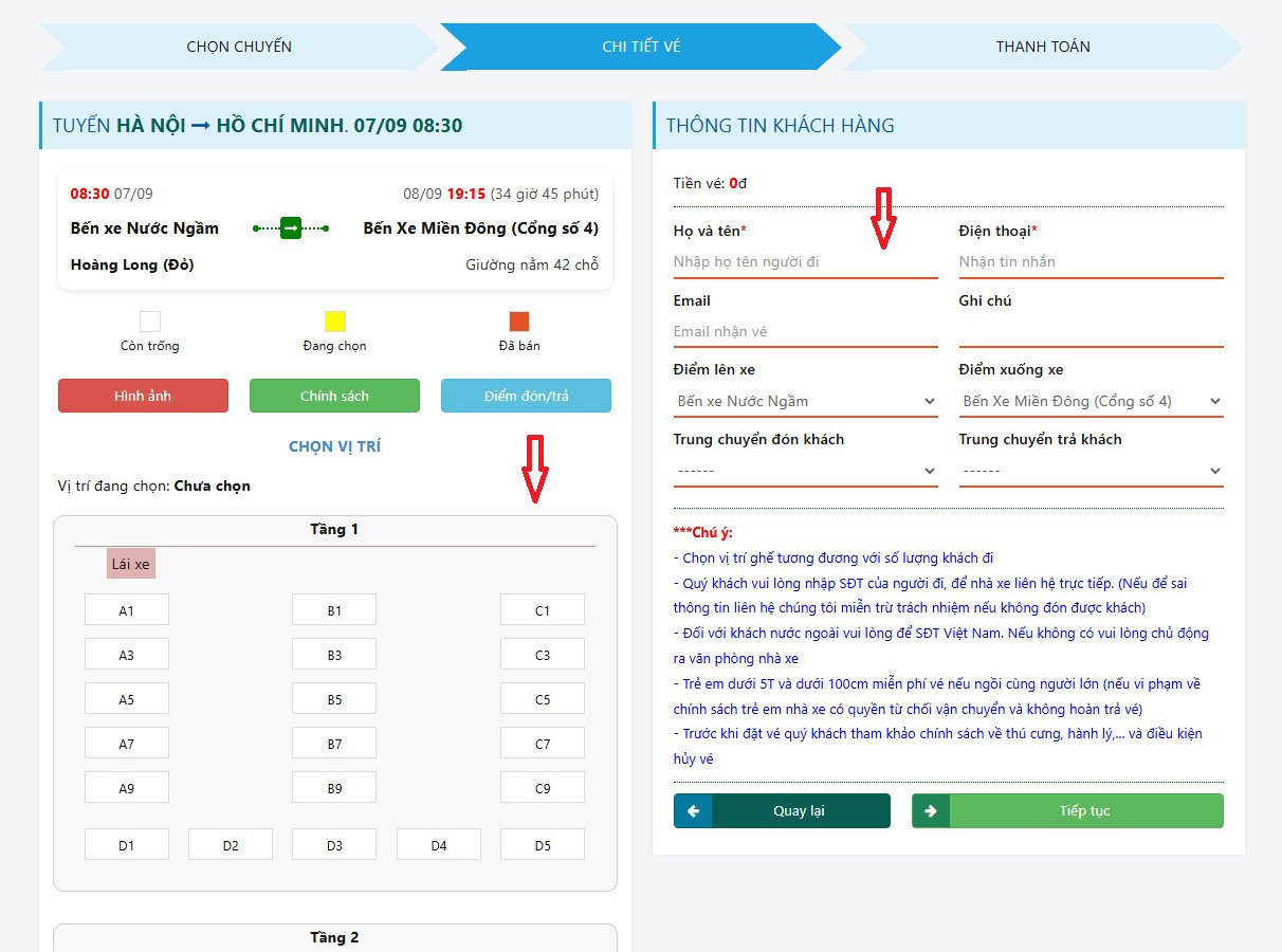 Hình ảnh minh họa giao diện chọn ghế và điền thông tin khi đặt vé trực tuyến