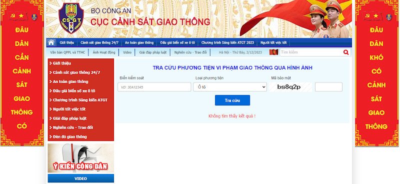 Hình ảnh minh họa giao diện tra cứu phạt nguội trên trang web Cảnh sát Giao thông