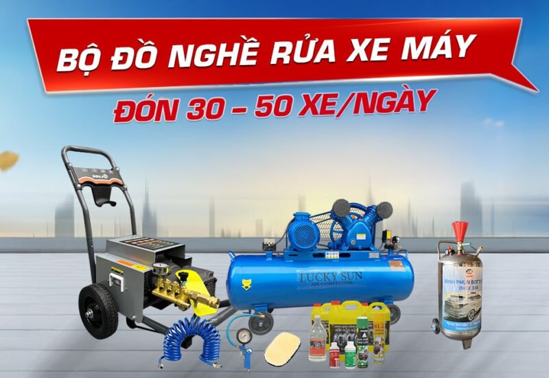 Hình ảnh minh họa một bộ dụng cụ rửa xe máy đầy đủ cho tiệm dịch vụ chuyên nghiệp